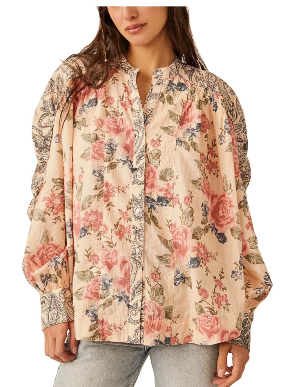Free People Maraya Floral Paisley Puff Sleeve Boho Cottagecore Blouse Size Large